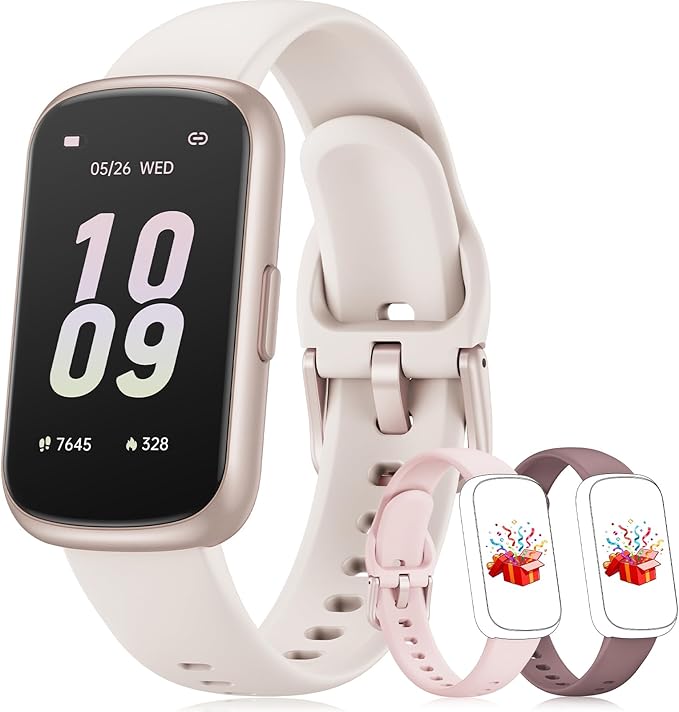 Fitness Tracker with 24/7 Heart Rate Monitor, Sleep Tracker - 3 ATM Waterproof Fitness Watch Calorie Step Counter Smart Watch Includes 3 Sport Bands for Android iOS Women Men, Mystic Rose/Starlight