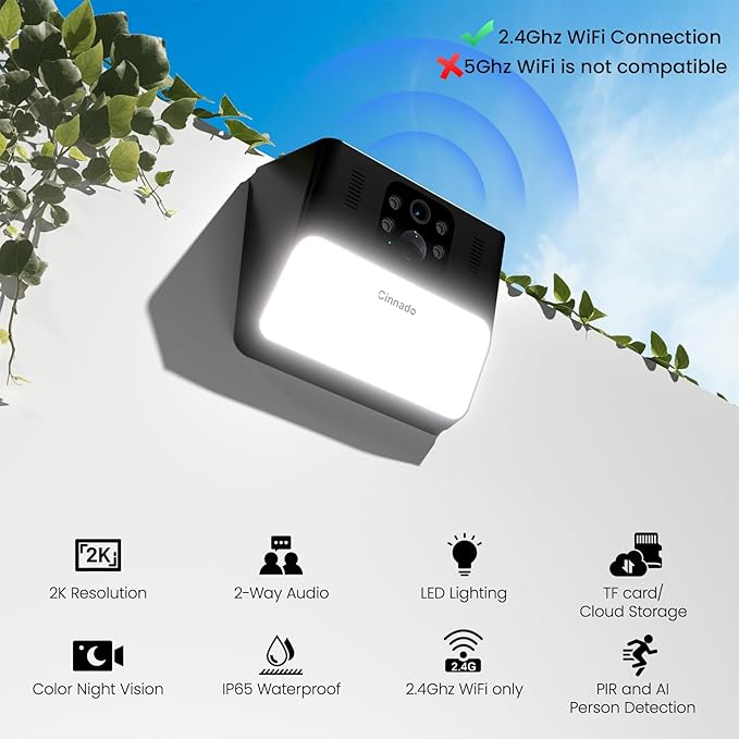 Cinnado Outdoor Camera Wireless-2.4G 2K Solar Wall Light Cameras for Home Security with AI Motion Detection, Waterproof,Motion Activated Light, Siren Cloud/SD Storage, Compatible with Alexa,S2