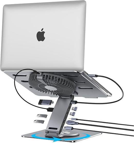 USB-C Hub Laptop Stand with Fan, Aluminum Laptop Riser with Docking Station 9-IN-1, 4K@60Hz HDMI, 100W PD Charging, USB 3.0, 3.5mm Audio, 360° Swivel, for MacBook Pro/Air, iPad Pro & Type-C Laptops