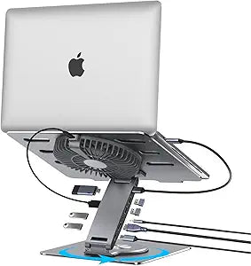 USB-C Hub Laptop Stand with Fan, Aluminum Laptop Riser with Docking Station 9-IN-1, 4K@60Hz HDMI, 100W PD Charging, USB 3.0, 3.5mm Audio, 360° Swivel, for MacBook Pro/Air, iPad Pro & Type-C Laptops