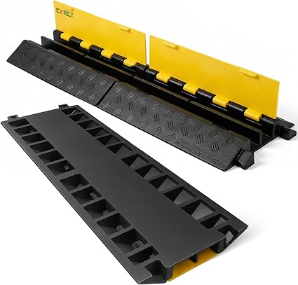 CXRCY Cable Ramp 2 Pack 2 Channel 22000lbs Axle Capacity Floor Cable Cord Protector, Black & Yellow Speed Bumps Hose Protector Ramps for Wire/Hose/Pipe Hider Driveway &Outdoor 30.7L x 9.45W x 1.69H in