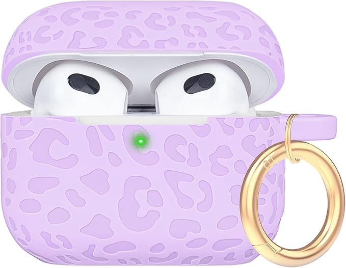 Engraved Case for AirPods 3rd Generation Carving Cover with Keychain, Leopard Skin Soft Cover for Compatible with AirPods 3rd Generation Case Full Protection,Front LED Visible,Lavender