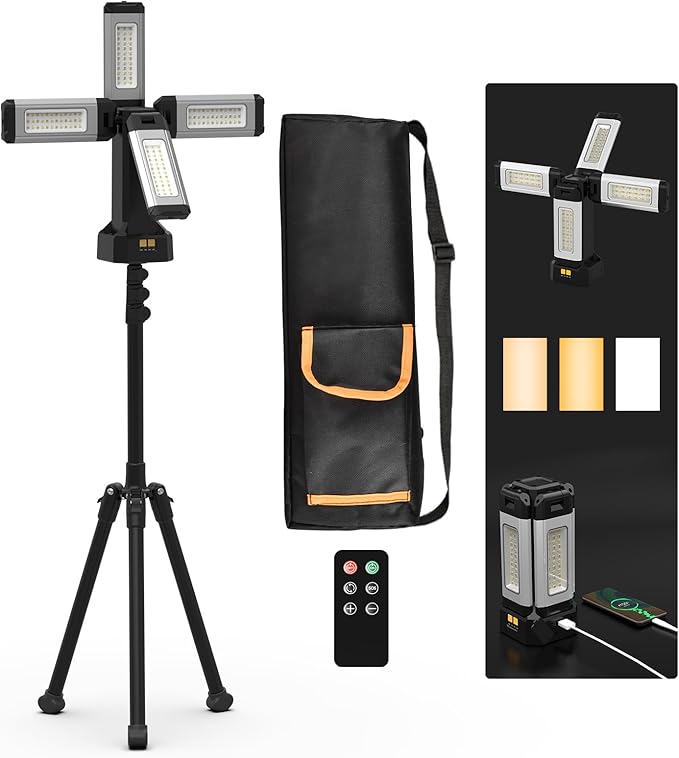 Upgraded Aluminum13200mAh Rechargeable Work Light with 78in Height Folding Stand and Carrying Bag, 8000 Lumen Cordless Camping Light, White/Warm/Nature White with Detachable Tripod (Remote)