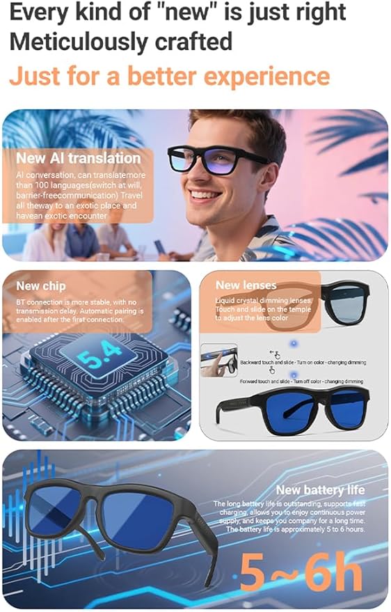 AI Translator Glasses - 2025 Smart Glasses with Slidable Color-Changing Lenses, Hands-Free Open-Ear Audio, Voice Assistant & UV Protection-RED Lenses
