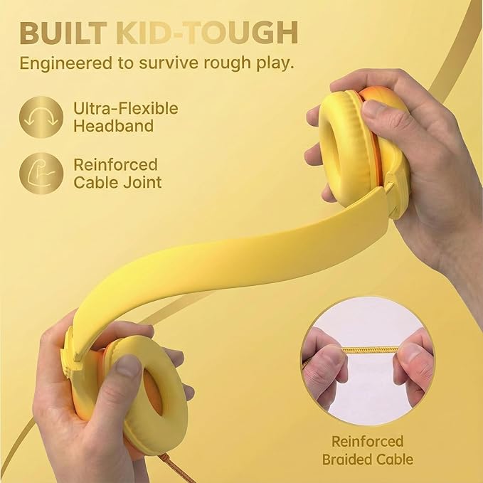 Wired Kids Headphones with USB C Plug, 85dB Safe Volume, Adjustable Headband, Tangle-Free Cord Headphones for School, Tablet, Travel (Yellow & Orange, with Microphone)