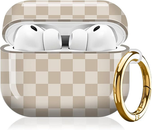 Compatible with AirPod Pro 3 (2025),Cute Case Cover for Women & Men, Full Protection Shockproof Hard Case with Keychain, Wireless Charging Case Accessories(Khaki Checkerboard)