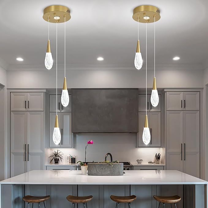 3-Lights Crystal Pendant Light Kitchen Islan Gold Hanging Chandelier Teardrop Crystal Pendant Light Fixture for Dining Room, Living Room,Kitchen lsland, Foyer