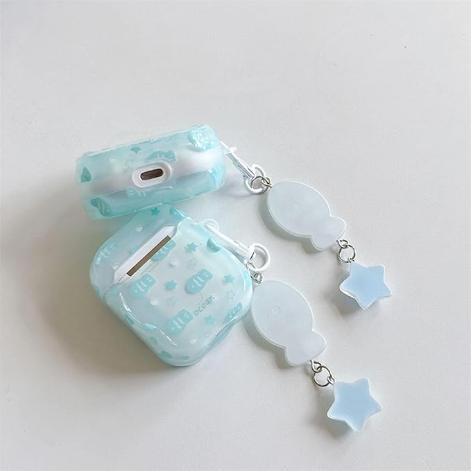 Compatible with AirPods 3rd Generation Case Soft TPU with Cleaner Kit Creative Cartoon Fish Star Keychain Shockproof Cover for Airpods 3-Water Blue