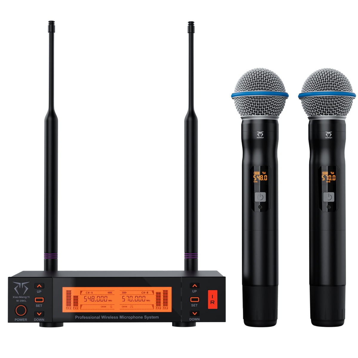 2-Channel Wireless Microphones System, 2 Metal Handheld Dynamic Mic Kit