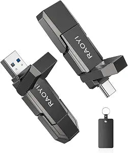 RAOYI 512GB USB C External SSD, 2-in-1 Solid State Drive Up to 450MB/s Dual USB 3.2 + Type-C Thumb Drive Portable SSD Drive for iPhone 15/16/17, Android, Tablet, PC and PS4