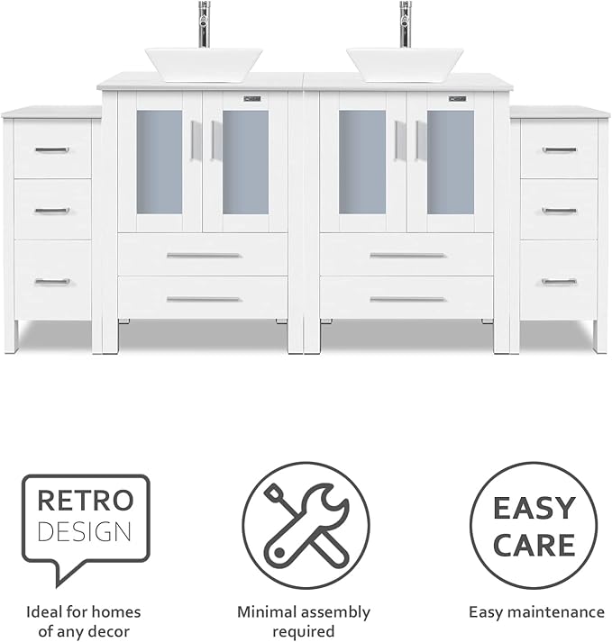 eclife 72" Modern Bathroom Vanity Sink Combo Freestanding Cabinet with Small Side Cabinet, White Square Ceramic Vessel Sink, Water Save Faucet, Drain (White+A07)