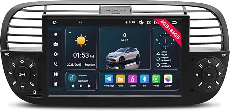 Car Radio for Fiat 500 2007-2015 with 7 inch QLED IPS Touchscreen, Android 14 Car Stereo Support Wireless Android Auto & Carplay 4G LTE/WiFi Network Bluetooth SWC GPS Navi 4GB RAM + 64GB ROM (Black)