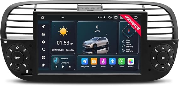 Car Radio for Fiat 500 2007-2015 with 7 inch QLED IPS Touchscreen, Android 14 Car Stereo Support Wireless Android Auto & Carplay 4G LTE/WiFi Network Bluetooth SWC GPS Navi 4GB RAM + 64GB ROM (Black)