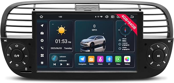 Car Radio for Fiat 500 2007-2015 with 7 inch QLED IPS Touchscreen, Android 14 Car Stereo Support Wireless Android Auto & Carplay 4G LTE/WiFi Network Bluetooth SWC GPS Navi 4GB RAM + 64GB ROM (Black)