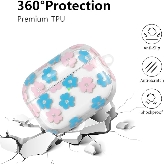 Compatible with AirPods Pro 2 Case Cover 2022, Soft TPU with Cute Flower Pattern for AirPods Pro 2nd/1st Generation Case with Flower Keychain and Carabiner for Girls Women (Blue)