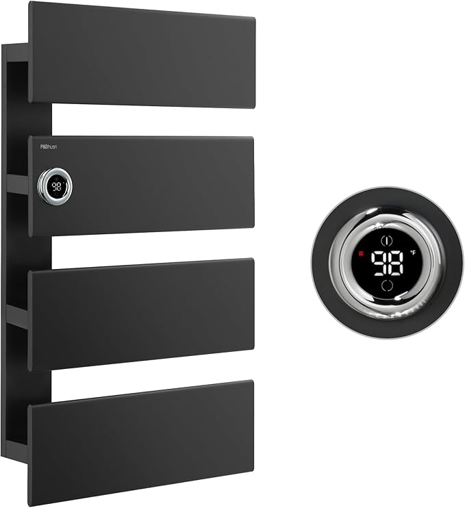P&Bhusri Electric Heated Towel Rack, Black Towel Warmer with Adjustable Temperature (98–149°F) and Timer (1-24h, On), Fast Heating and Drying for Bathroom, Memory & Remote Control Compatible