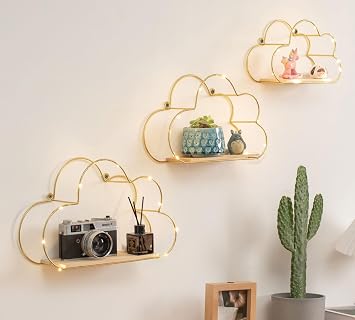 Golden Cloud Shape Floating Shelves with LED Lights Wall Decor,Gold Metal Wire and Wood Base Wall Mounted Shelf Decorations for Home Bedroom Living Room - Set of 3