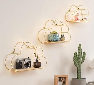 Golden Cloud Shape Floating Shelves with LED Lights Wall Decor,Gold Metal Wire and Wood Base Wall Mounted Shelf Decorations for Home Bedroom Living Room - Set of 3 - Image 1