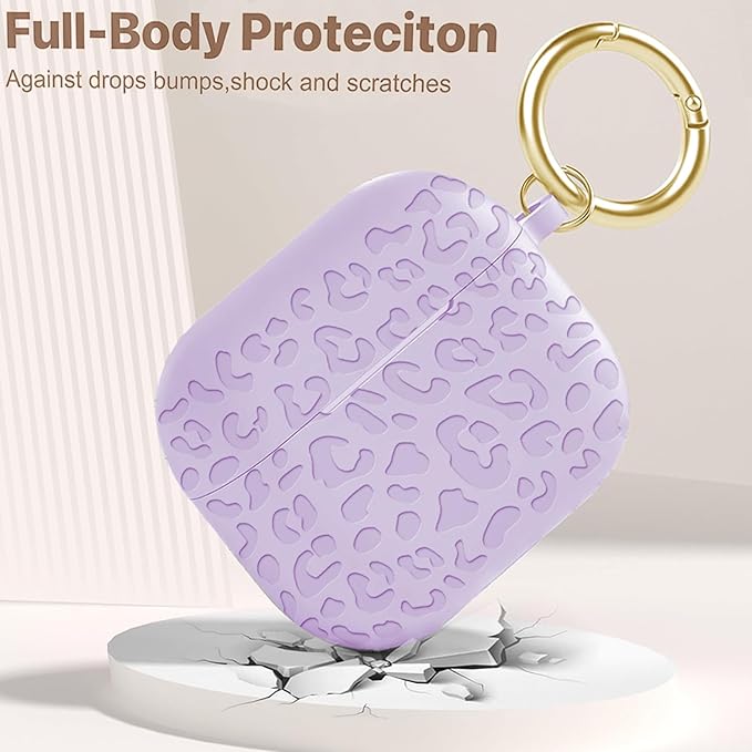 Engraved Case for AirPods 3rd Generation Carving Cover with Keychain, Leopard Skin Soft Cover for Compatible with AirPods 3rd Generation Case Full Protection,Front LED Visible,Lavender