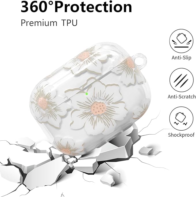 Compatible with AirPods Pro 2 Case Cover 2022, Soft TPU with Cute Flower Pattern for AirPods Pro 2nd/1st Generation Case with Flower Keychain and Carabiner for Girls Women (White)