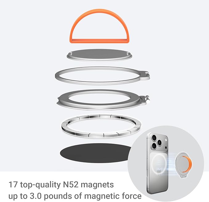 Grat 3 for Magsafe Magnetic Phone Grip Stand, 360° Rotatable Silicone Strap Phone Loop Holder, Detachable Ring Kickstand Compatible with iPhone 17 Pro Max Air 16 15 14 13 12, Silver