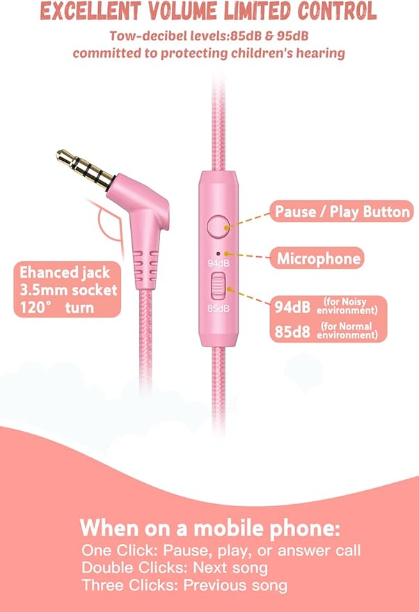 New Bee Kids Headphones Wired for School with Microphone KH20 HD Stereo Safe Volume Limited 85dB/94dB Foldable Lightweight for Girl/Mac/Android/Kindle/Tablet/Pad (Pink)
