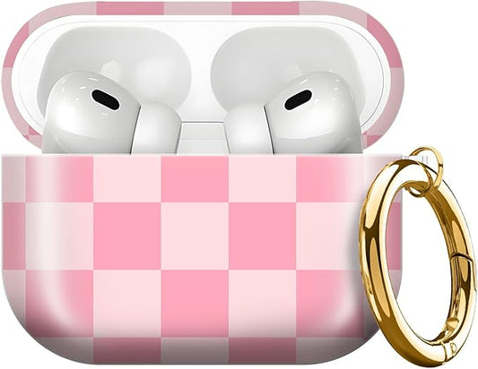 Compatible with AirPods Pro 3rd Generation 2025 Case Cover with Gold Keychain - Cute Protective Hard AirPod Pro 3 Cases for Women - Beige Pink Checkered
