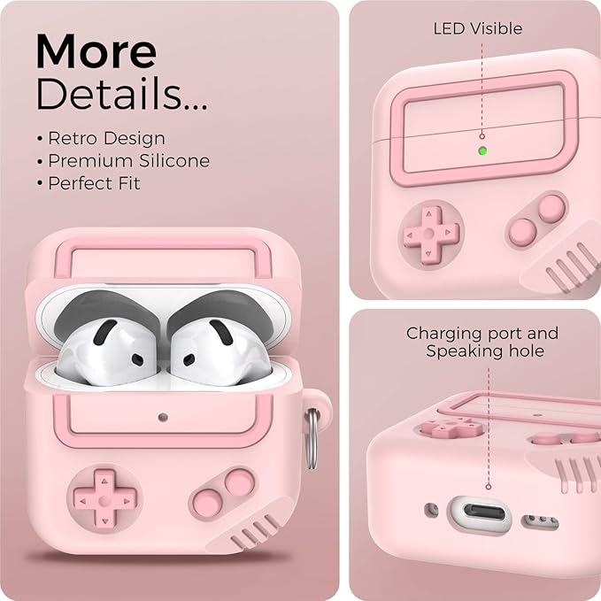 AirPods 4 Case, Silicone Game Design 2024 Case for Apple AirPods 4 Generation with Active Noise Cancellation, Cute Case Cover for AirPod 4 Gen for Women/Men (Pink)