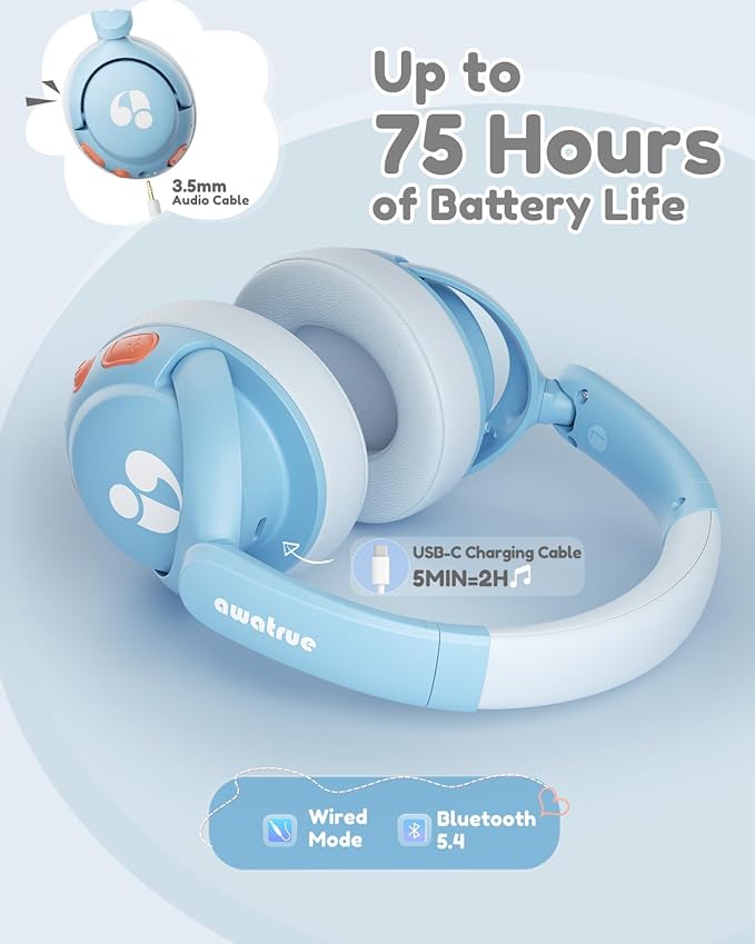 Kids Bluetooth Headphones, 85dB Volume Limiter, Foldable Wireless Over-Ear Headphones for iPad, Travel, 75H Playtime, Bluetooth 5.4, Built-in Mic, Blue