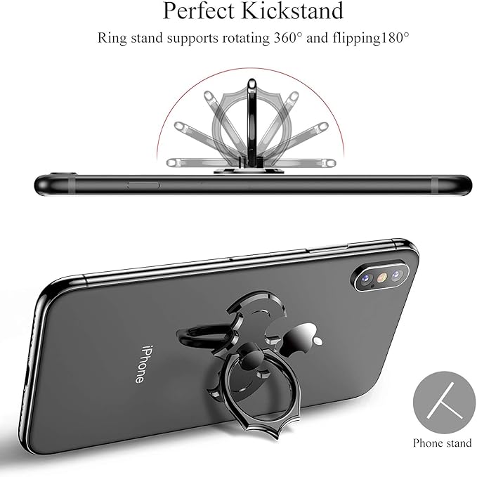 Bat Cell Phone Ring Holder, Adhesive Phone Grip, Metal Finger Ring Stand, 360 Degree Rotation Cell Phone Kickstand for iPhone Samsung Galaxy Google iPad and All Smartphones (Black+Silver)
