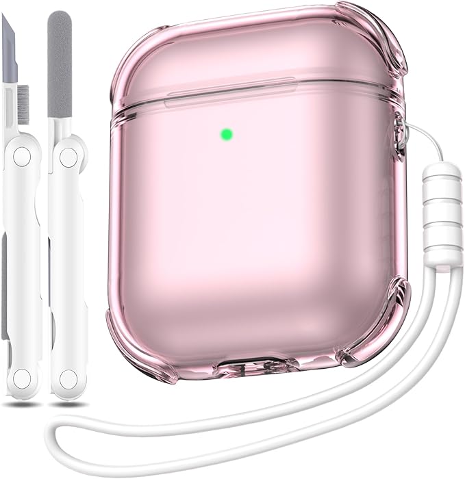 for Airpods 2nd Generation Case Cover, Clear Soft TPU Transparent Four Corner Military Grade Shockproof Protective Case with Cleaning Kit for Airpods 2 Gen Charging case 2019, Clear Pink