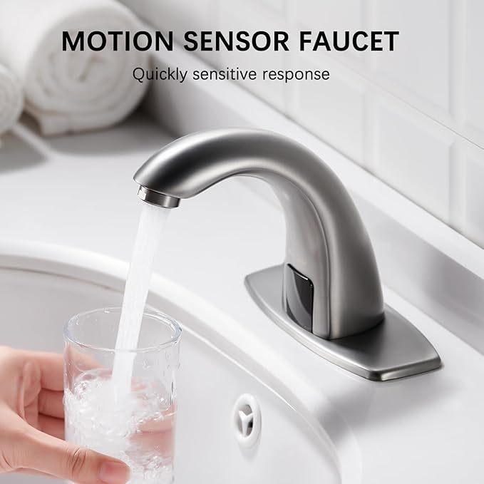 Charmingwater Touchless Bathroom Sink Faucet, Motion Automatic Sensor Faucet with Hole Cover Plate, Brushed Grey
