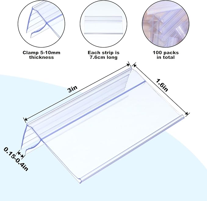 100 Pcs Shelf Label Holder Clear Plastic Clip on Labels Shelf Tags for Wire Shelving 0.15'' to 0.4'' Wood Glass Shelves Sign Price Tags