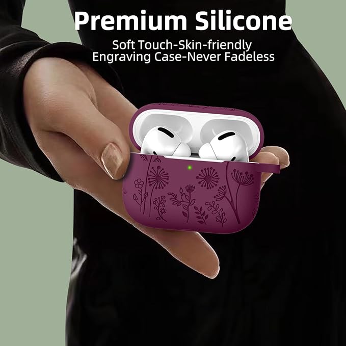 Lerobo Purplish Red Silicone Case for AirPods Pro 2/1 2023/22/19, Floral Engraved Protective Cover with Keychain, Portable Electronic Device Cover
