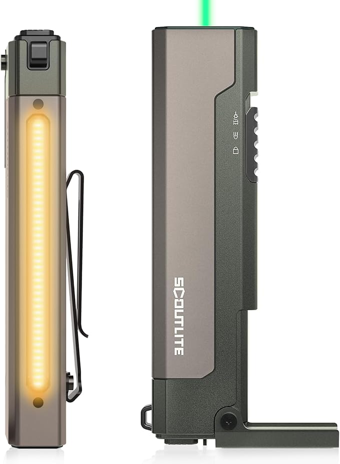 SCOUTLITE Vario GB 2000 EDC Flashlight with White and Warm LED Combo, 2000 Lumens Compact Magnetic Flat Pocket Lights, Triple Sources for Ourdoor Camping Inspection Emergency Work - Olive Green