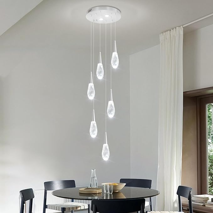 Modern Crystal Chandelier 6-Lights Pendant Chandeliers for Staircase Chrome Kitchen Pendant Light Fixture Hanging Lighting for Dining Room Living Room Bedroom Entryway