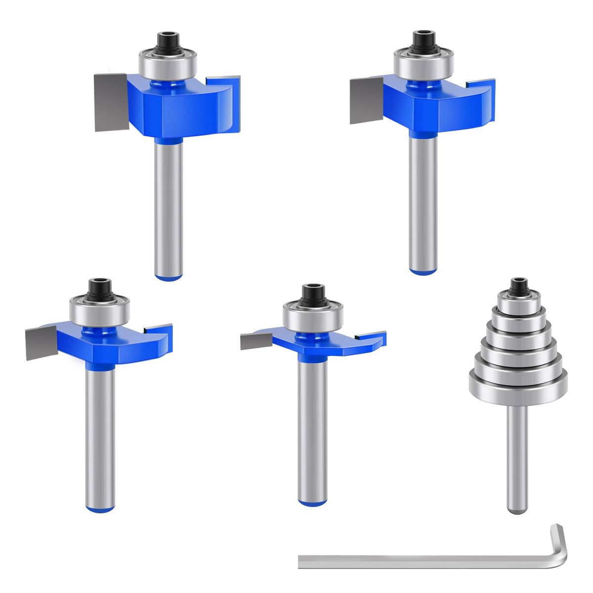 4 Pcs Rabbeting Router Bits Set 1/4 Inch Shank, Carbide Tipped Rabbet Router Bit with 6 Bearings Set, Router Accessories Interchangeable Adjustable Multi Depths Cutter for Cutting Rabbet Slots