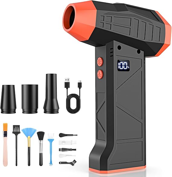 15-in-1 Electric Compressed Air Duster, 110000RPM Cordless Portable Air Blower Mini Powerful Jet Dry Blower 4 Adjustable Speeds Levels Rechargeable for Keyboard, PC, Car, Camera