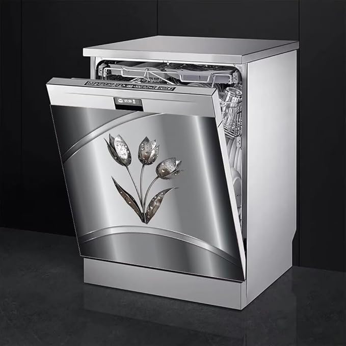 Gray Metallic Flower Pattern Magnet Dishwasher Cover Stainless Steel Magnetic Cover, Kitchen Dishwasher Door Magnet Cover Panel Refrigerator Decortive Sticker (23" x 26" Magnetic)