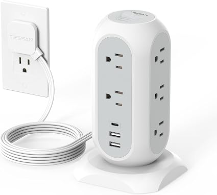 TESSAN Tower Power Strip Flat Plug with 1050J Surge Protection, 6 Ft, Grey