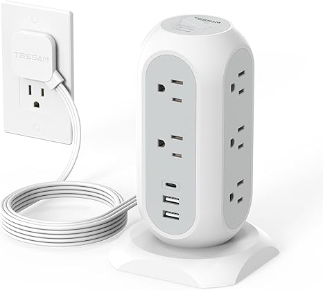 TESSAN Tower Power Strip Flat Plug with 1050J Surge Protection, 6 Ft, Grey