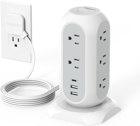 TESSAN Tower Power Strip Flat Plug with 1050J Surge Protection, 6 Ft, Grey