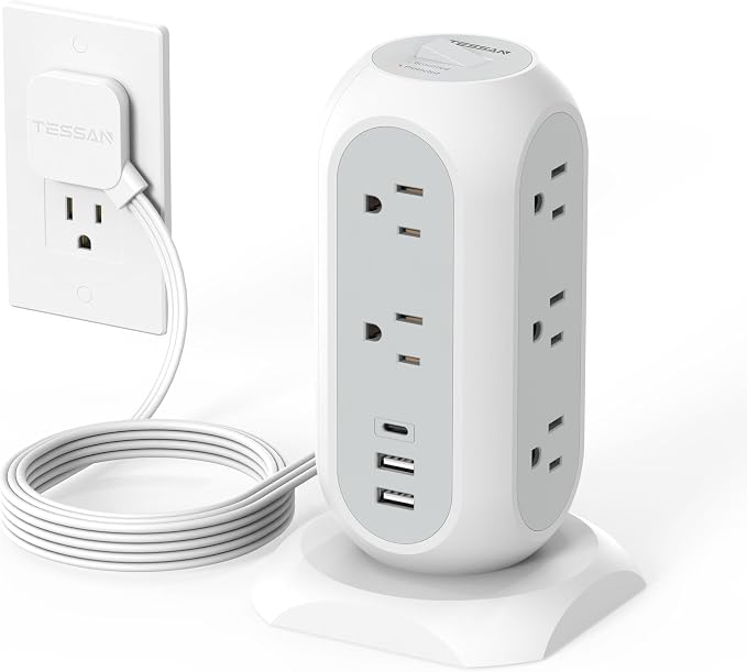 TESSAN Tower Power Strip Flat Plug with 1050J Surge Protection, 6 Ft, Grey