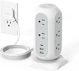 TESSAN Tower Power Strip Flat Plug with 1050J Surge Protection, 6 Ft, Grey