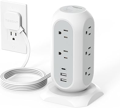 TESSAN Tower Power Strip Flat Plug with 1050J Surge Protection, 6 Ft, Grey