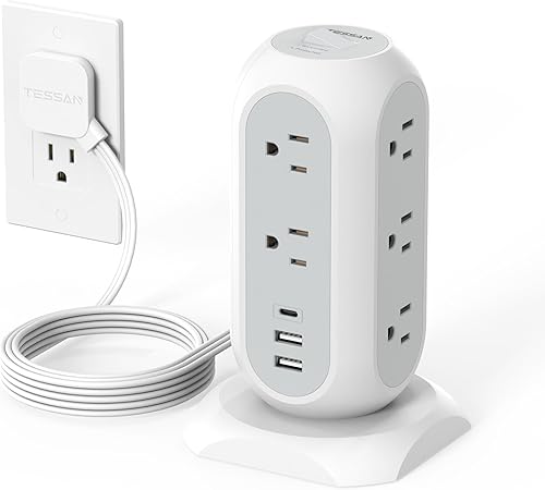 TESSAN Tower Power Strip Flat Plug with 1050J Surge Protection, 6 Ft, Grey