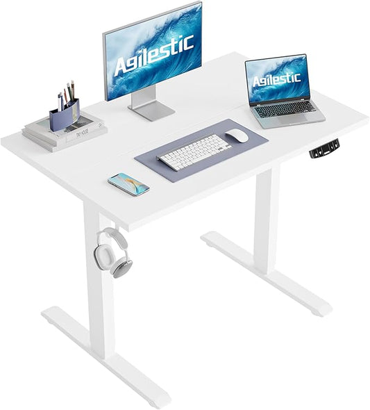 Agilestic Height Adjustable Electric Standing Desk, 48 x 24 Inches Stand Up Desk, Ergonomic Raising Computer Table with Memory Preset Button, Two-Piece Desktop, White