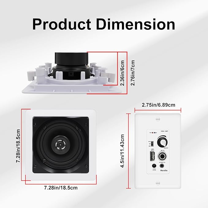 Herdio 5.25 Inches 2-Way Bluetooth Ceiling Speakers with 4 Channel Wall Amplifier, 320W Square in Wall Speaker System for Home Theater Office Kitchen, 2 Pairs