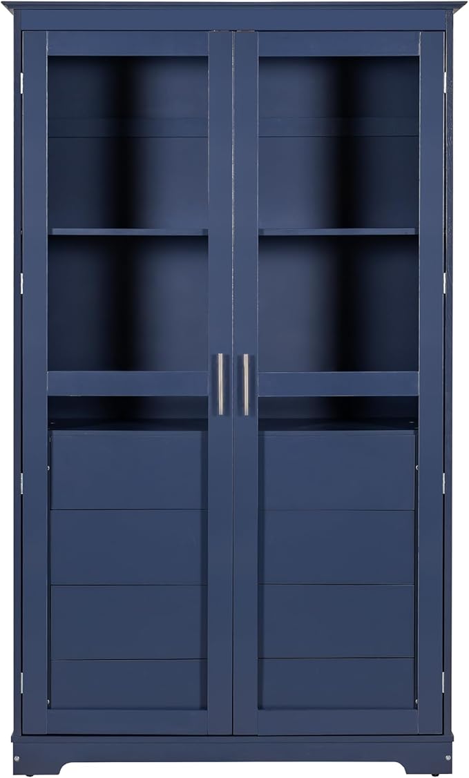 Kitchen Pantry Cabinet 44.7Wx20Dx75H inch, Freestanding Storage Display Cabinets with Glass Doors and 4 Built-in Drawers for Living Room, Home Office,Blue