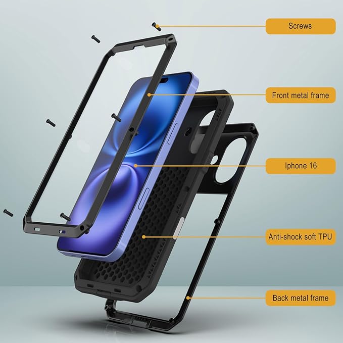 Punkcase for iPhone 16 Metal Case | Heavy Duty Military Grade Armor Cover | Hard Aluminum & TPU Design W/Tempered Glass Screen Protector for iPhone 16 (6.1") (2024) [Black]